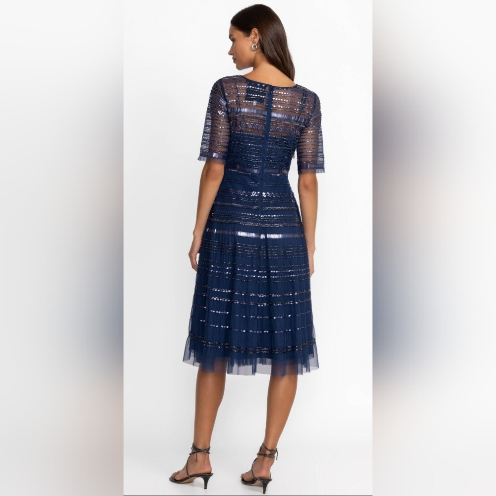 NWT Size 10 Johnny Was Navy & Silver Beaded Sequin Midi Cocktail Dress - Picture 5 of 6